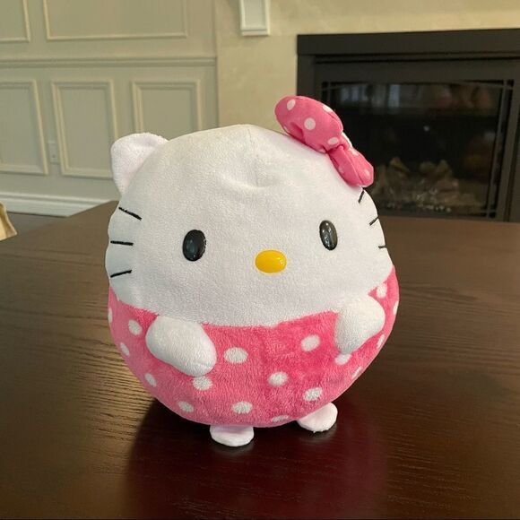 Ty Hello Kitty Round Ball Plush White Pink Bow Polka Dot Stuffed Animal Kids Toy