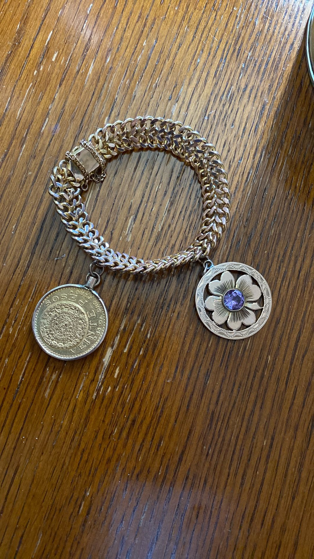 Vintage Rose Gold Bracelet With Veinte Peso & Floral Charm