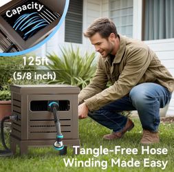 Hose Reel, Heavy Duty Metal Deck Box Hideaway Holds 125 ft x 5/8" Hose, Garden Hose Reel with Never-Leak System, Manual Crank Handle, Hose Guide, Idea