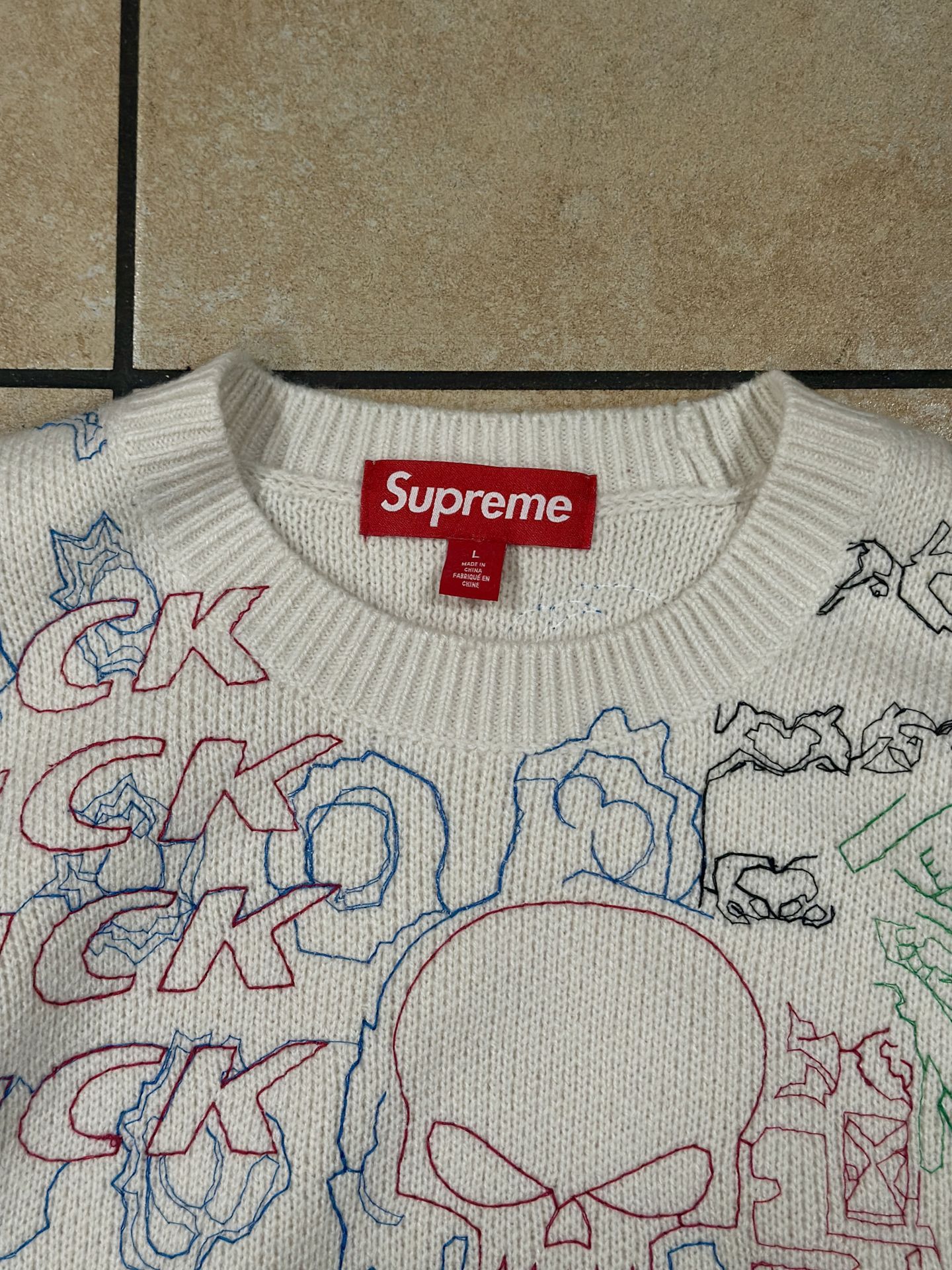 Supreme SS26 Collage Embroidered Sweater White Size L