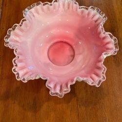 Vintage Fenton Art Glass Pink Ruffled Bowl