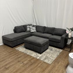 McCord Charcoal Grey Sectional Couch With Ottoman NEW