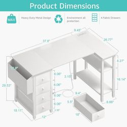 Lufeiya White L Shaped Desk with Fabric Drawers, 47 Inch Reversible Corner Computer Desk with Power Outlet for Home Office Bedroom, L-Shaped Teen PC D