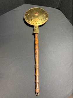 Antique large copper brass bed warmer pan with wooden handle Vintage Rustic farmhouse decor