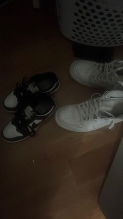 2 shoes white air forces, and panda dunks