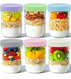 6 Pack 16oz Glass Overnight Oats Containers with Lids & Spoons
