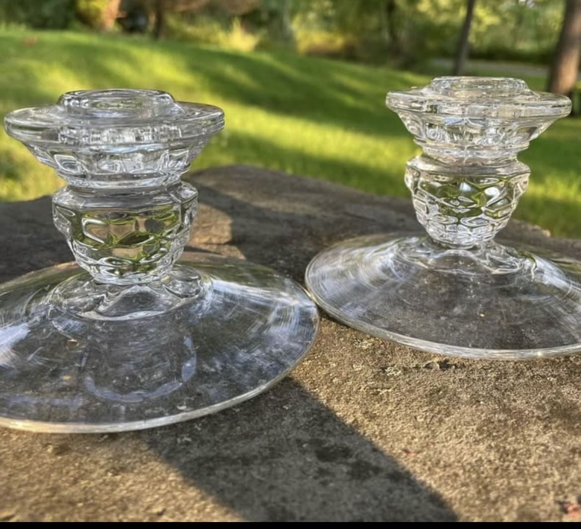 Vintage 1940s Fostoria American Clear Glass Short Candlestick Candle Holders