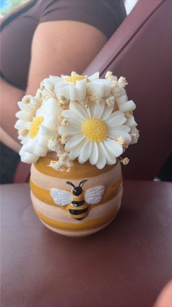 Bee Ceramic Vase with Wax Daisy Arrangement