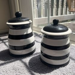 Two White And Black Ceramic Jars 