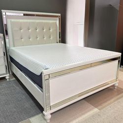 Valentino White 4 Piece Modern Queen Bed, Dresser, Mirror and Nightstand Set