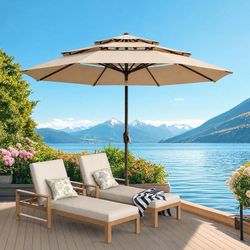 10 FT Patio Umbrella, 3 Tier Outdoor Table Umbrella with 8 Sturdy Glass Fiber Ribs and Push Button Tilt, Outdoor Patio Umbrellas for Market Pool Garde