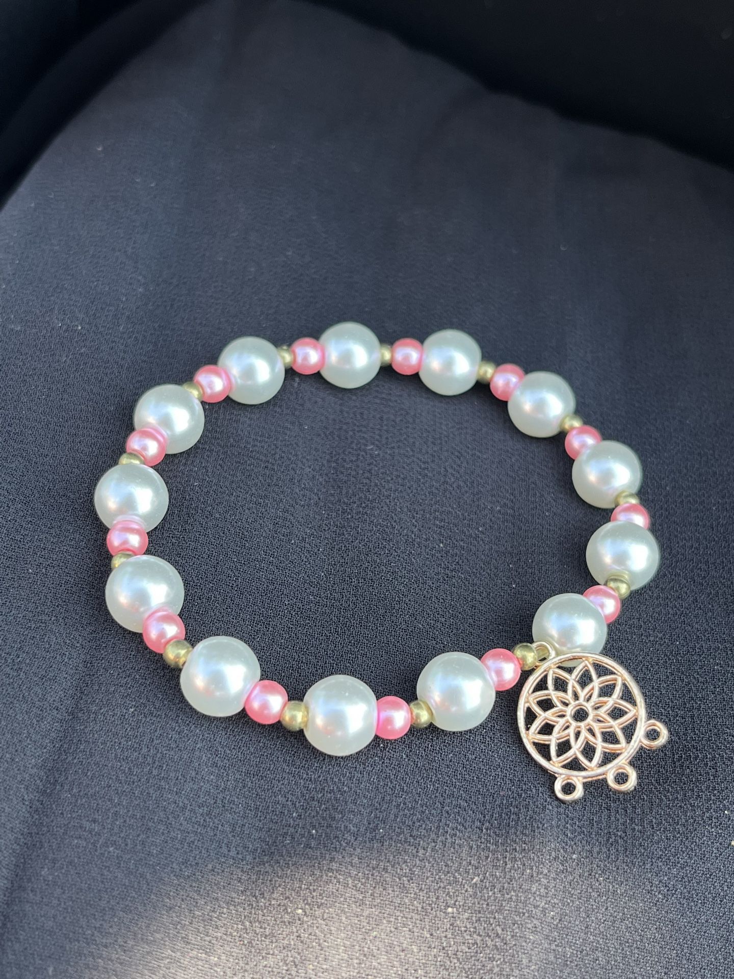 Elegant Pearl & Pink Bead Bracelet with Gold Accents and Mandala Charm