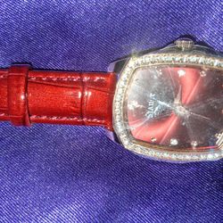 Stauer Ladies Rouge Watch with Crimson Faceted Face, Leather Strap