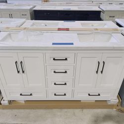“60” Double Sink Bathroom Vanity in White Color with Black Handles and Marble Top in White  $915 