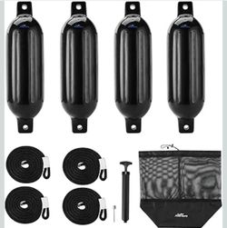 Set of 4 Affordura Boat Fenders 5.5" x 20" Black with Ropes, Pump & Storage Bag