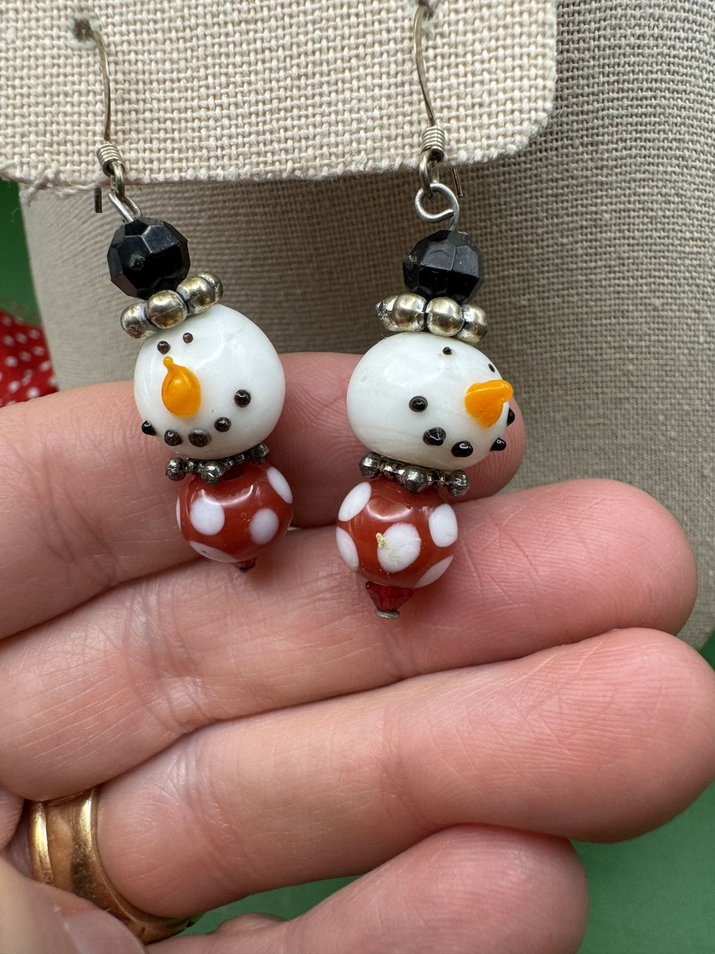 2040-Vintage Art Glass Hand Blown Snowman Earrings Dangle Drop 1.25 Inches