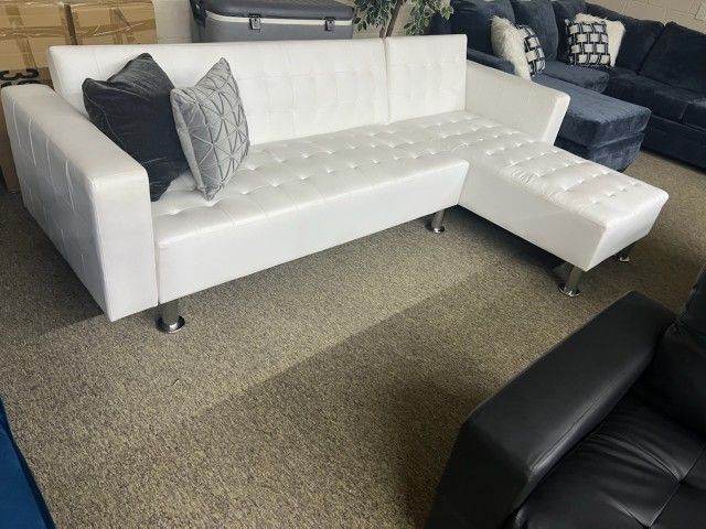 White Leather Sectional/ Sofa Bed 