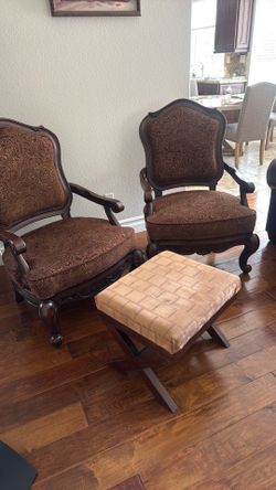 Two classic chairs with ottoman