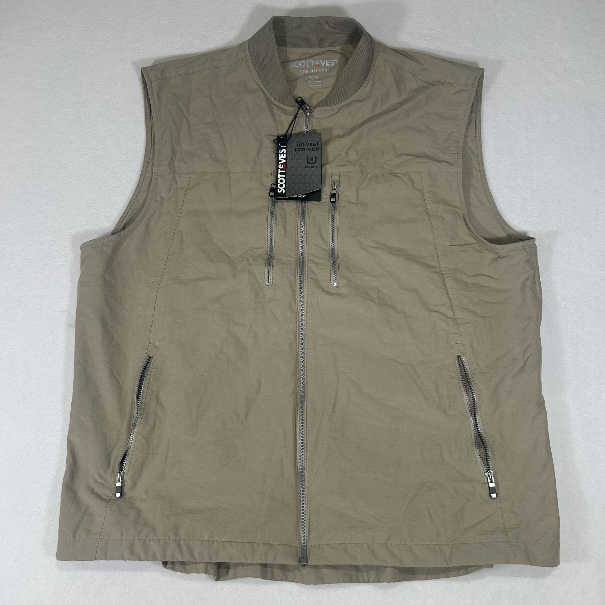 NWT Scottevest 101 Vest Mens XL Tan Khaki Full Zip Travel Utility Tech