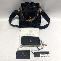 Versace Black Nylon Medusa Drawstring Small Bucket Bag + Coin Purse + Dust Bag