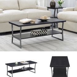 NIB Modern High Quality Black Woodgrain Wooden Coffee Table with Metal Frame