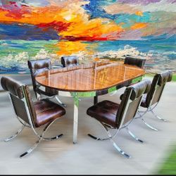  Stunning Rare 1970’s Pace Collection Burl Wood & Chrome Table & 6 Vintage Acme chairs