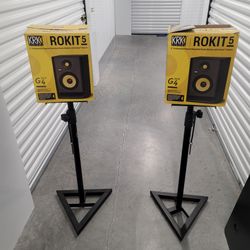 ​KRK Rokit 5 G4 Studio Monitors Pair + Auray Stands & Cables (Mint Condition)