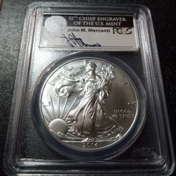 2014 PCGS MS69 Silver Eagle First Strike $1 John Mercanti Hand Signed 