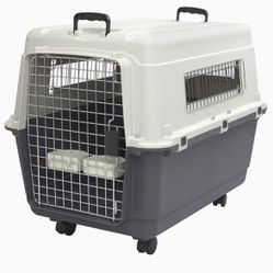 Plastic Kennels Rolling Plastic Wire Door Travel Dog Crate- Large Kennel, Gray