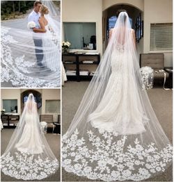 Long Bridal Cathedral Veil with Lace Trim