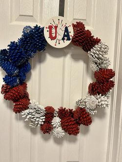 Decorative Custom Handmade Pinecone Wreath For Any Occasion – Red, White & Blue