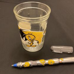 Tweety & Sylvester Vtg Welch’s 1994 Juice Glass +Tweety Bird Pen 