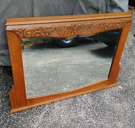 Antique Vintage Art Deco Carved Mirror Oak 1930s Dresser Buffet Vanity Desk Cabinet Sideboard