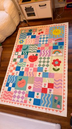 Brand new 4×6 Pink Girls Bedroom Rug, Washable Kids Room Rug for Nursery Playroom, Soft Non-Slip Cute Colorful Fruit Rainbow Checkered Area Carpet for