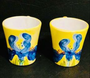 Two Elegant Vintage Yellow Terracotta Coffee Mugs with Hand Painted Purple Blue Iris