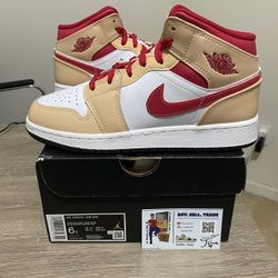 Size 6Y / 7.5W - Nike Air Jordan 1 Mid White Onyx Light Curry Red