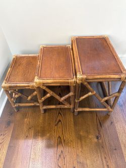 Vintage 1950s Rattan & Mahogany Nesting Tables, Set of Three