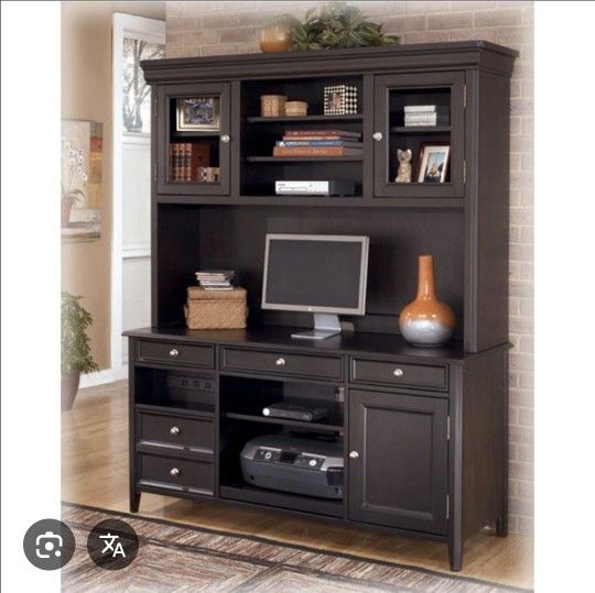 Ashley Furniture Carlyle Home Office Tall Desk/Credenza with Hutch (Almost Black)