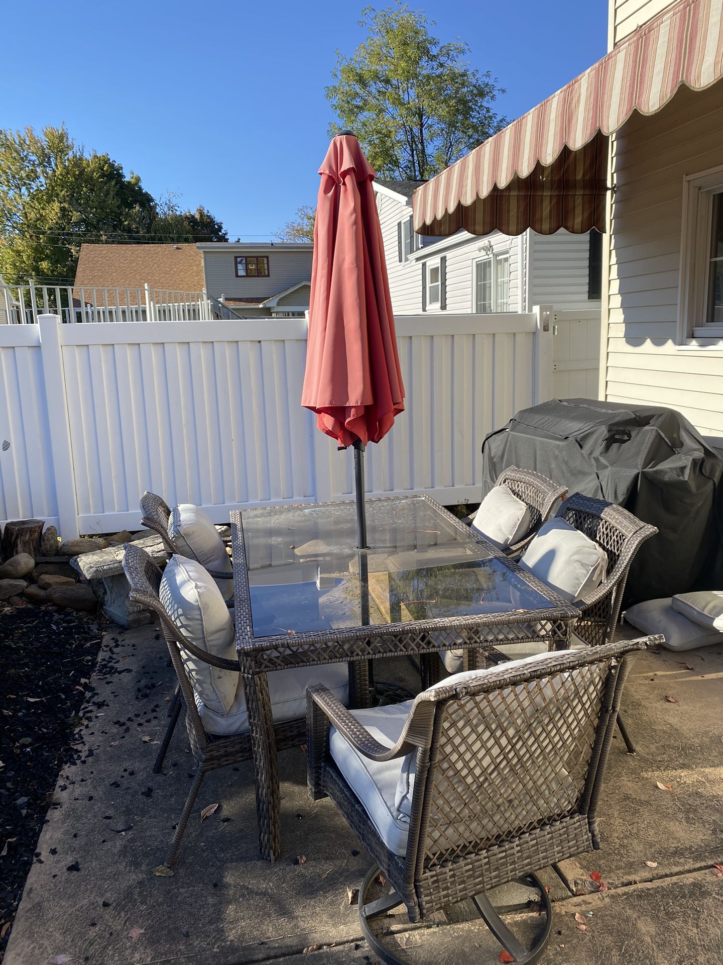 Patio Table, Five chairs and umbrella