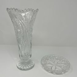 Vintage Decorative Crystal Glass Vase And Dish