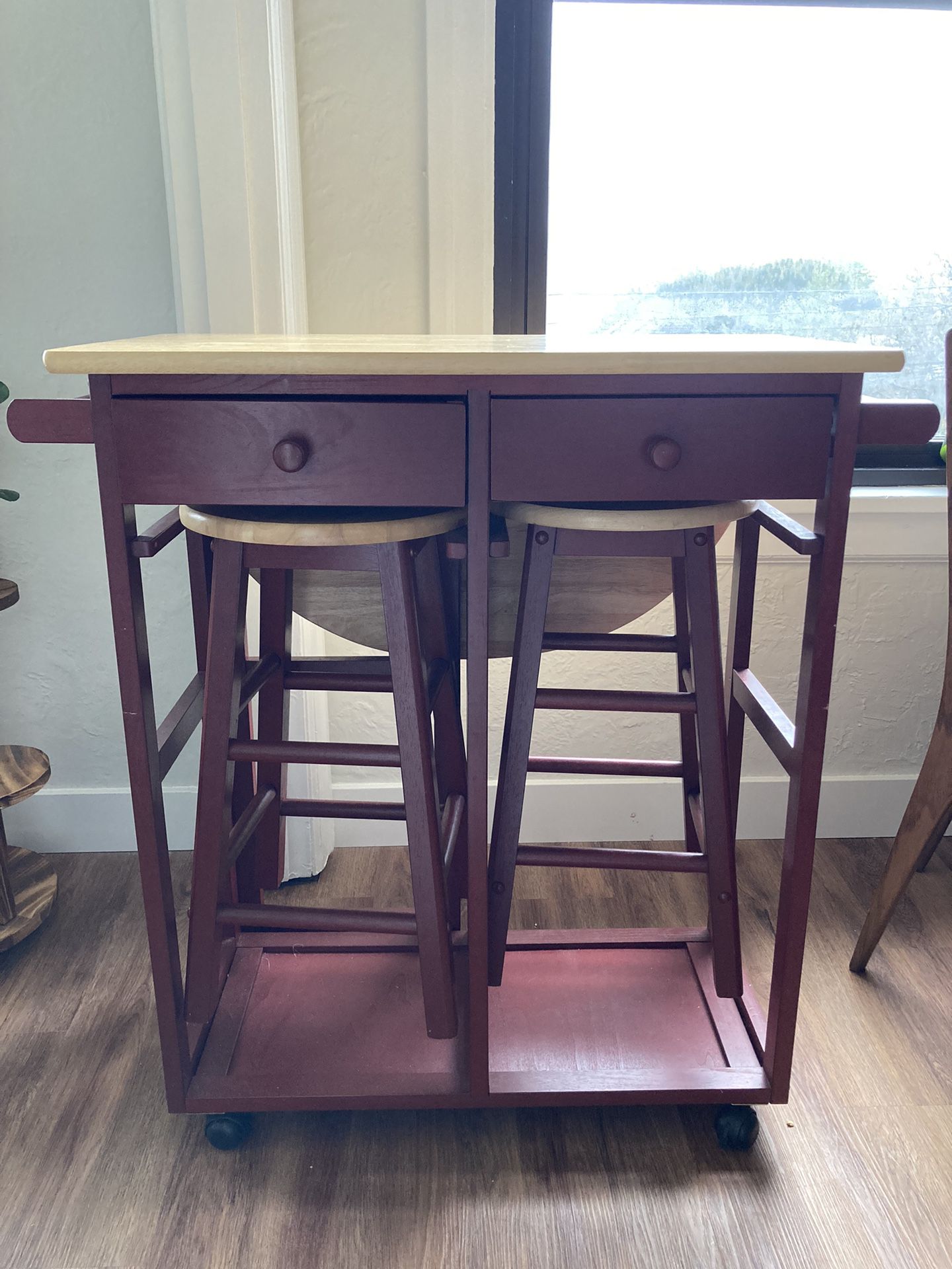 Small Solid Wood Drop-leaf Table With Stools