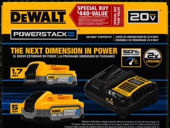 New in box DeWALT 20V Max XR POWERSTACK Lithium-Ion Kit with 5.0Ah and 1.7Ah Batteries & Charger