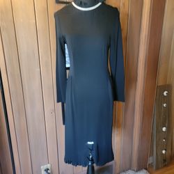 Vintage 1970s Women's Polyester Little Black Dress Rhinestone Accents Sz Lg