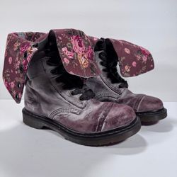 Dr. Martens Triumph Brown Distressed Leather Fold Over Floral Boots Women 10