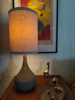 Mid-Century Modern Dimpled Base Table Lamp with Tall Drum Shade