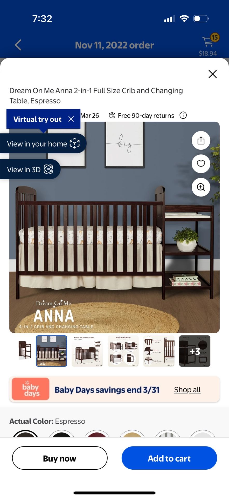 Dream On Me Anna 2-in-1 Full Size Crib and Changing Table, Espresso