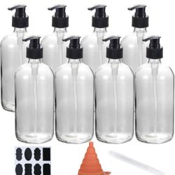 16oz 8 Pack Glass Pump Bottles, Clear Pump Bottle for Soap Dispenser, Empty Pump Bottle for Shampoo, Body Wash, Hand Soap, Lotion and more