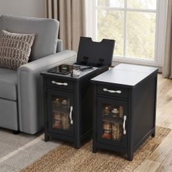 Set of 2 Charging End Tables with USB, Glass Door, Black Built-in Charging station with USB & outlet, drawer storage, detachable cup holder, farmhouse