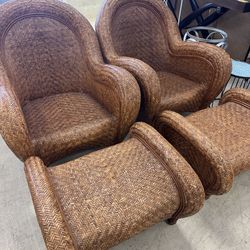 Pair of vintage Pottery Barn Malabar rattan lounge chairs featuring a woven herringbone pattern - Retail: $2400