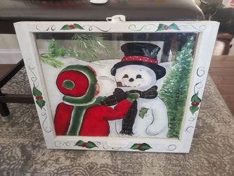 Glass Window with holiday Snowman painted.